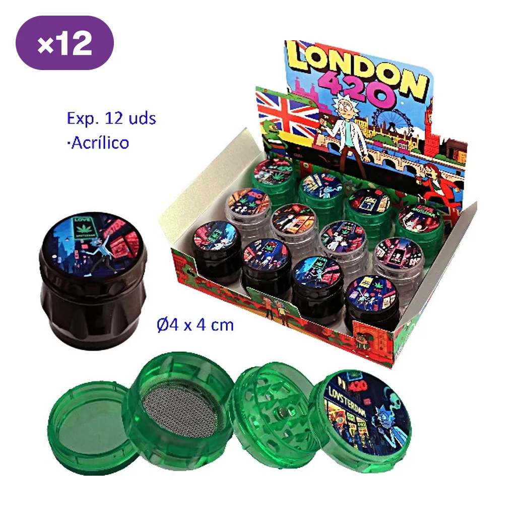 Expositor London 420 con grinders de distintos colores y diseños; delante aparecen un modelo negro cerrado y otro verde desmontado con malla.