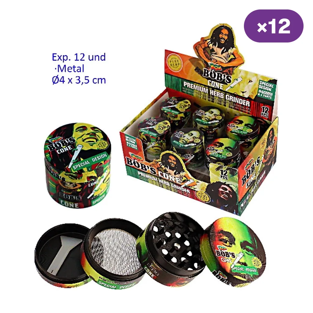 Grinders Bob's Cone decorados en rojo, amarillo y verde, con expositor de 12 unidades y uno desmontado que muestra dientes y malla.