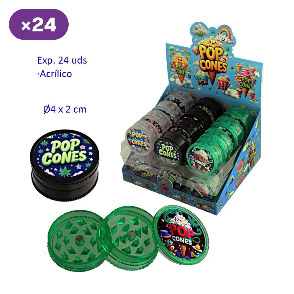 Expositor Pop Cones con grinders transparentes, negros y verdes; delante, modelos cerrado y abierto con dientes triangulares.
