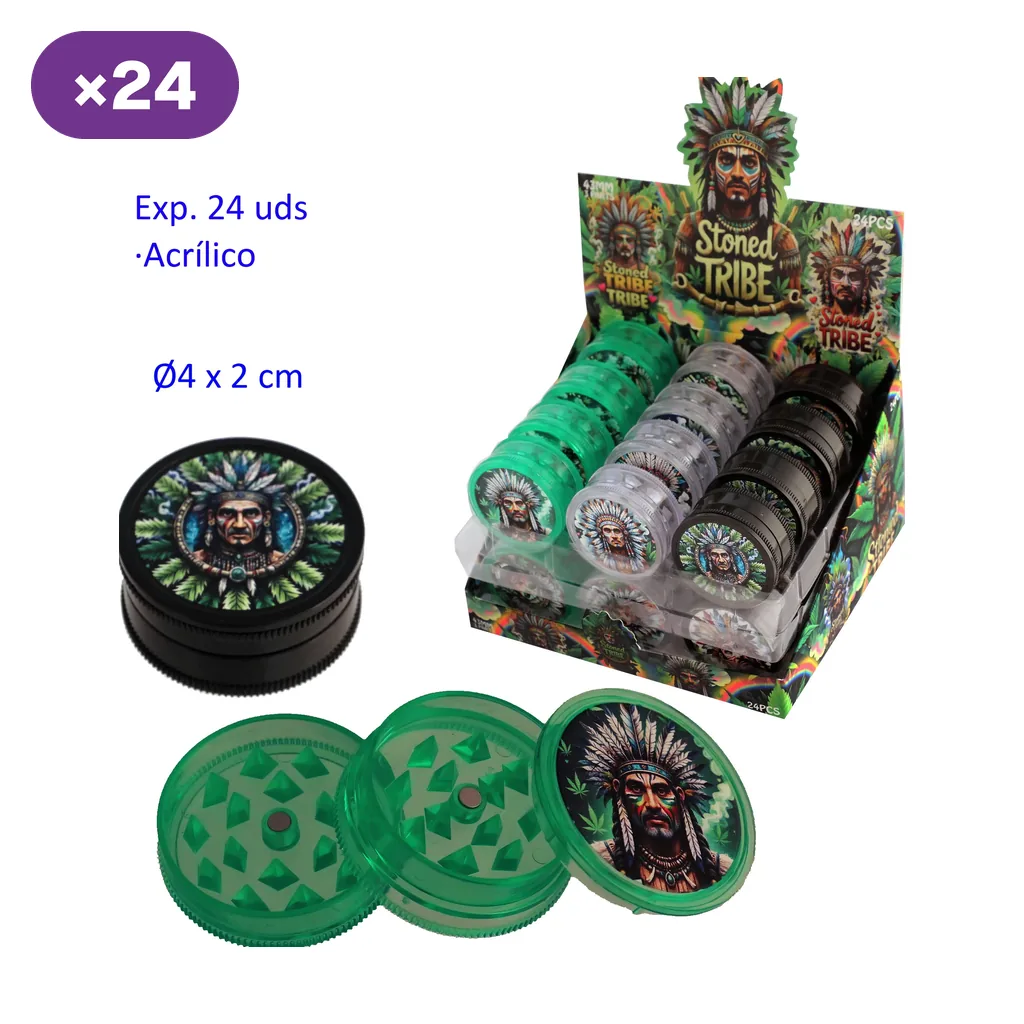 Grinders Stoned Tribe verdes, transparentes y negros en expositor, con motivos de rostros con tocados de plumas y un modelo abierto.
