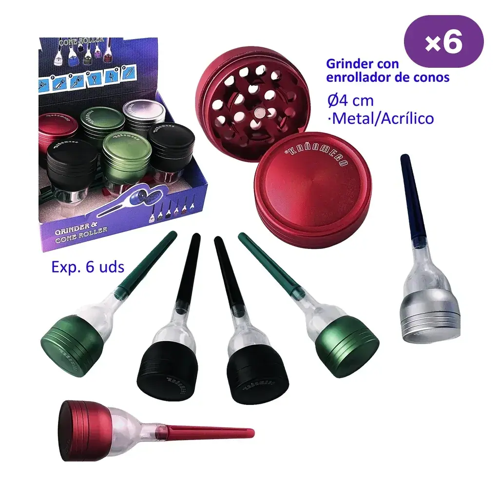 Selección de grinders con rellenaconos en rojo, verde, negro y plateado, con un grinder abierto y un expositor de seis unidades.