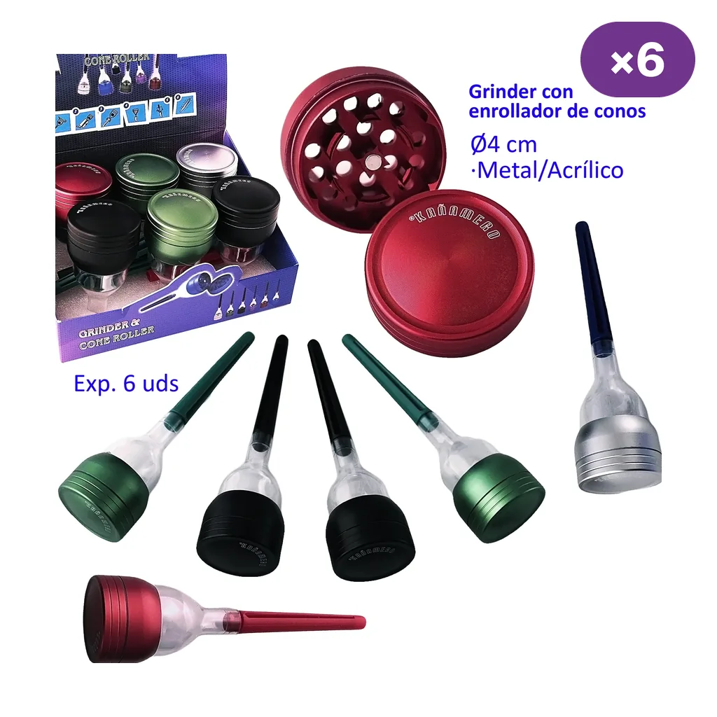 Selección de grinders con rellenaconos en rojo, verde, negro y plateado, con un grinder abierto y un expositor de seis unidades.
