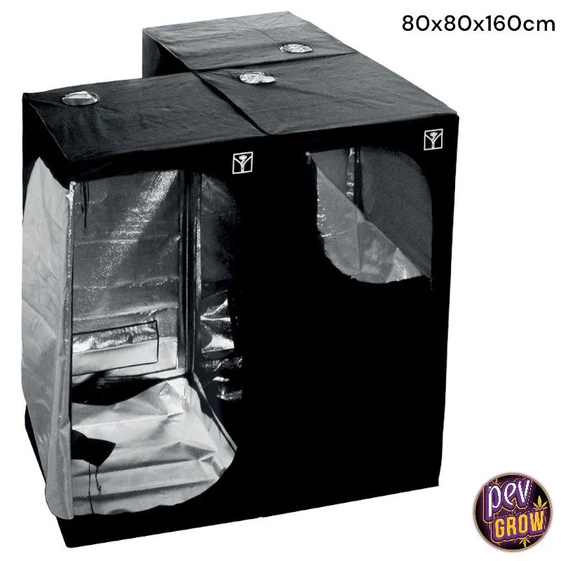 Armario Cultibox SG-Combi negro con compartimentos de distinta altura, aberturas frontales e interior plateado reflectante.