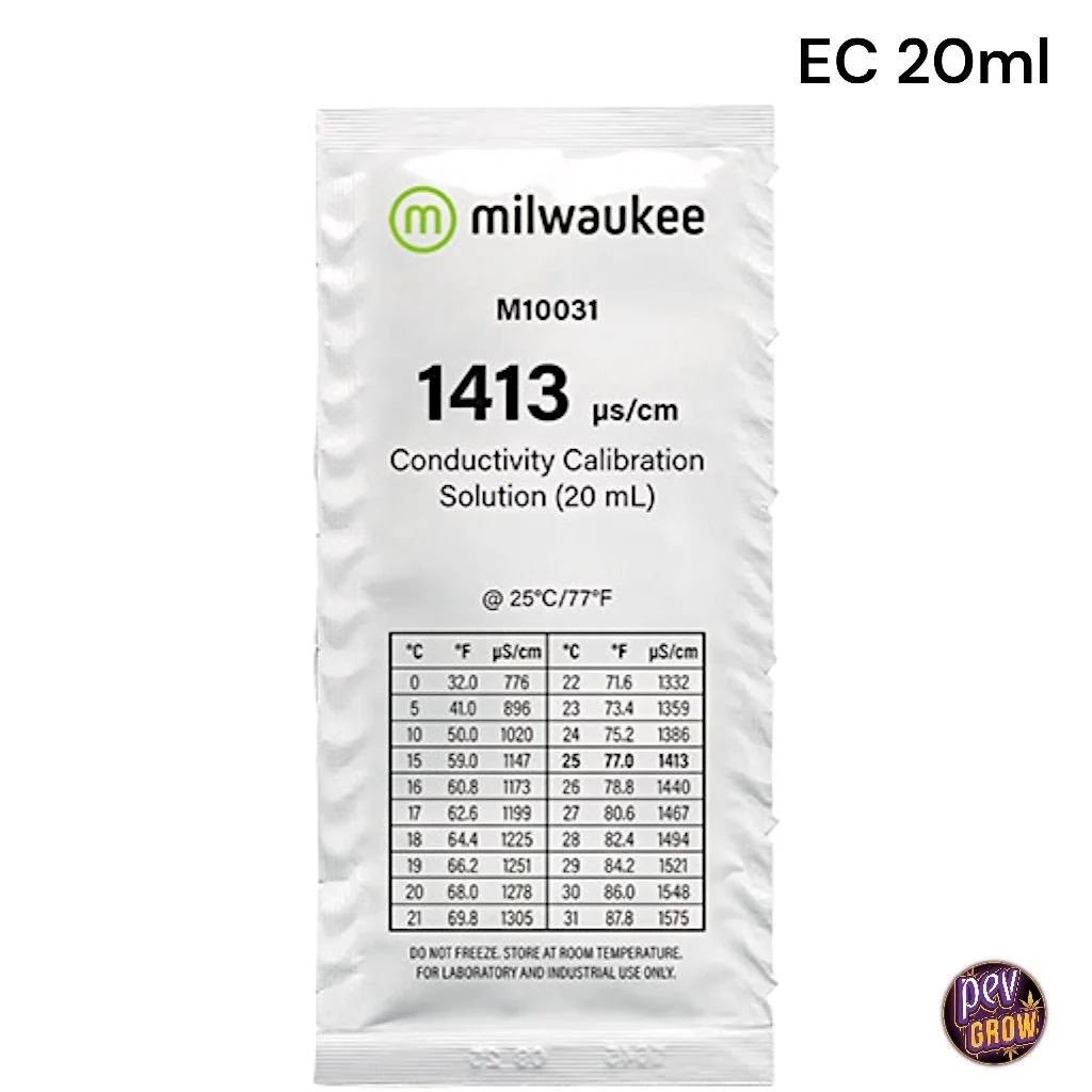 Sobre Milwaukee M10031 de solución de calibración EC de 20 mL, con valor de 1413 µS/cm a 25 °C y tabla de conductividad según temperatura.