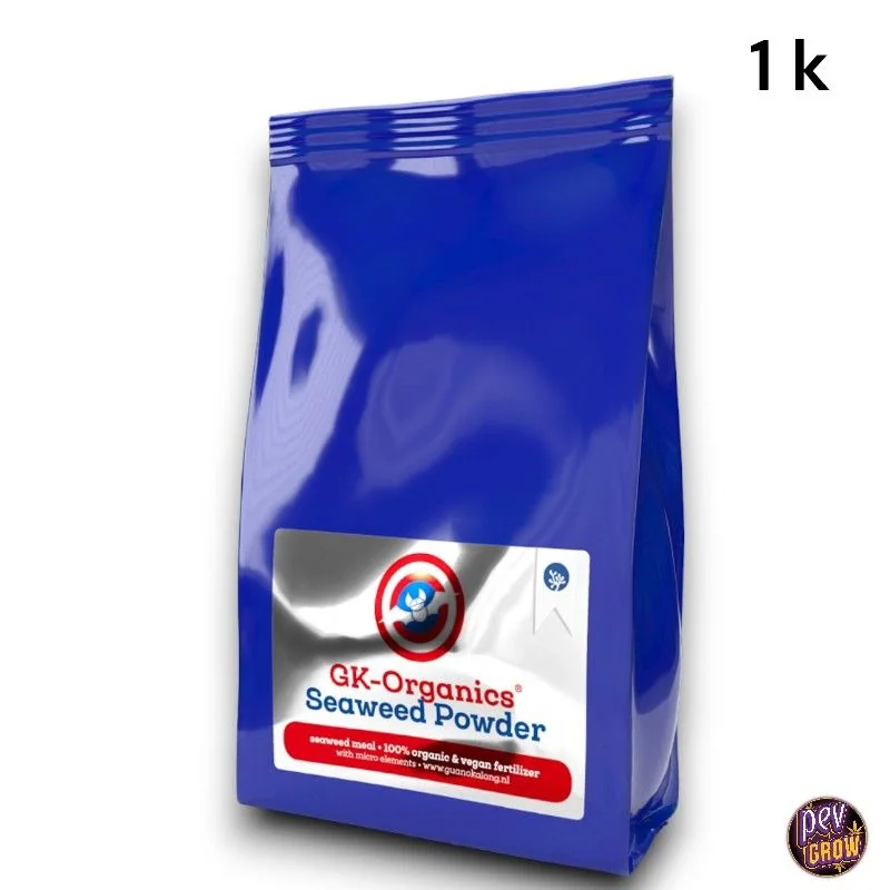 Bolsa azul de GK-Organics Seaweed Powder con etiqueta plateada y cierre superior, sobre fondo blanco con la indicación «1 k».