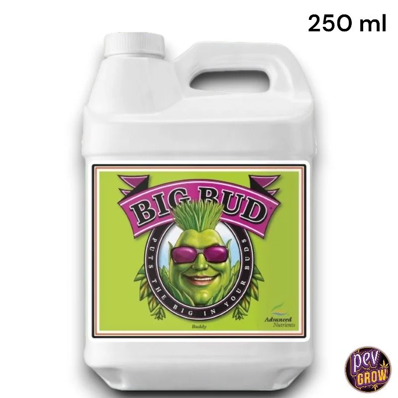 Envase blanco de Big Bud Advanced Nutrients con asa integrada y etiqueta verde con un personaje de gafas moradas.