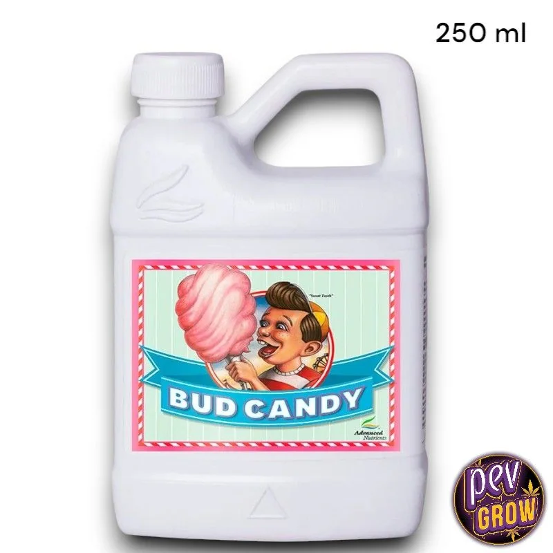 Envase blanco de Bud Candy Advanced Nutrients con asa, tapón de rosca y etiqueta ilustrada con un niño y algodón de azúcar; figura «250 ml».