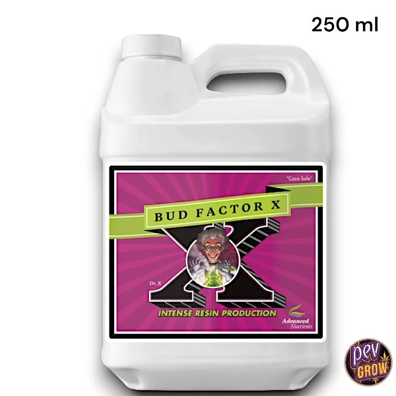 Envase blanco de Bud Factor X de Advanced Nutrients con asa integrada, tapón blanco y etiqueta fucsia con una gran X negra.
