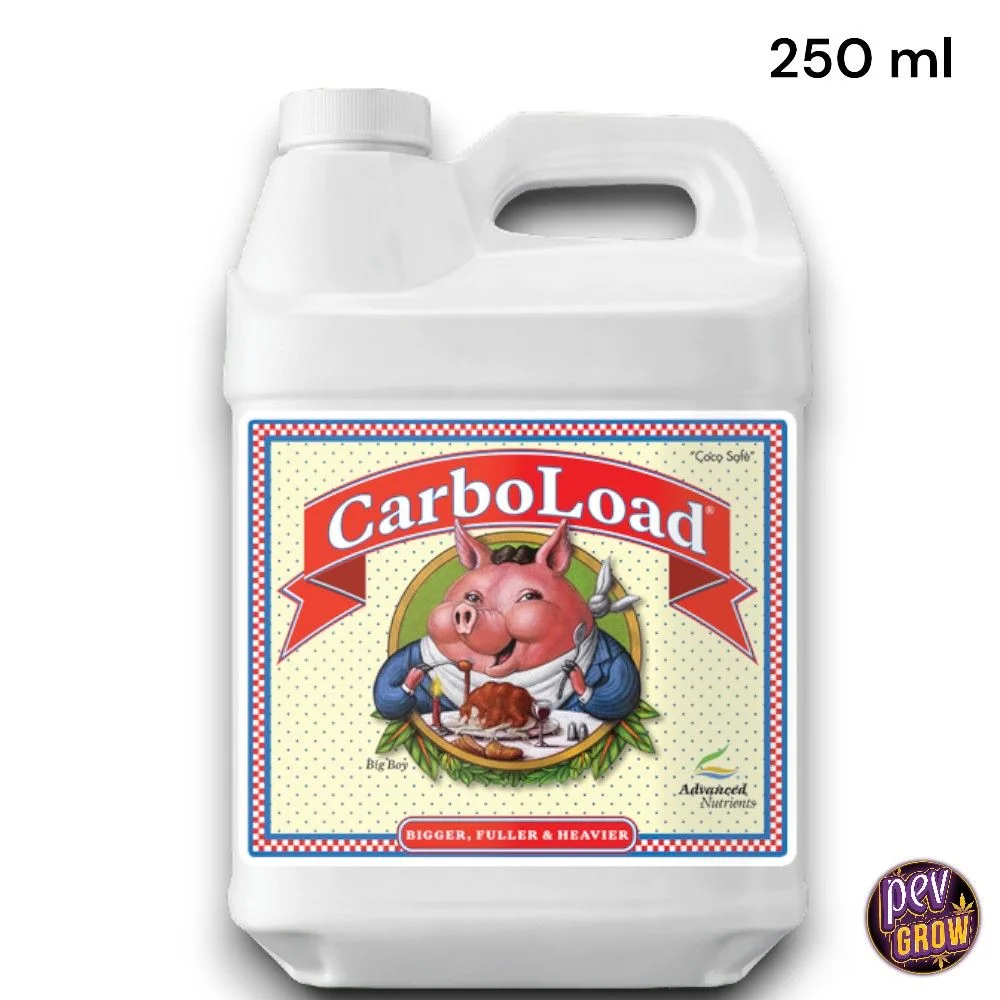 Envase blanco de CarboLoad de Advanced Nutrients con asa, tapón y etiqueta ilustrada con un cerdo ante un plato de comida.