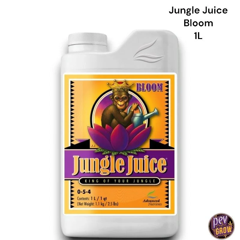 Envase blanco de Jungle Juice Bloom de 1 L, con etiqueta amarilla y morada que muestra un mono coronado con una regadera. Envase blanco de Jungle Juice Bloom de 1 L, con etiqueta amarilla y morada que muestra un mono coronado con una regadera.