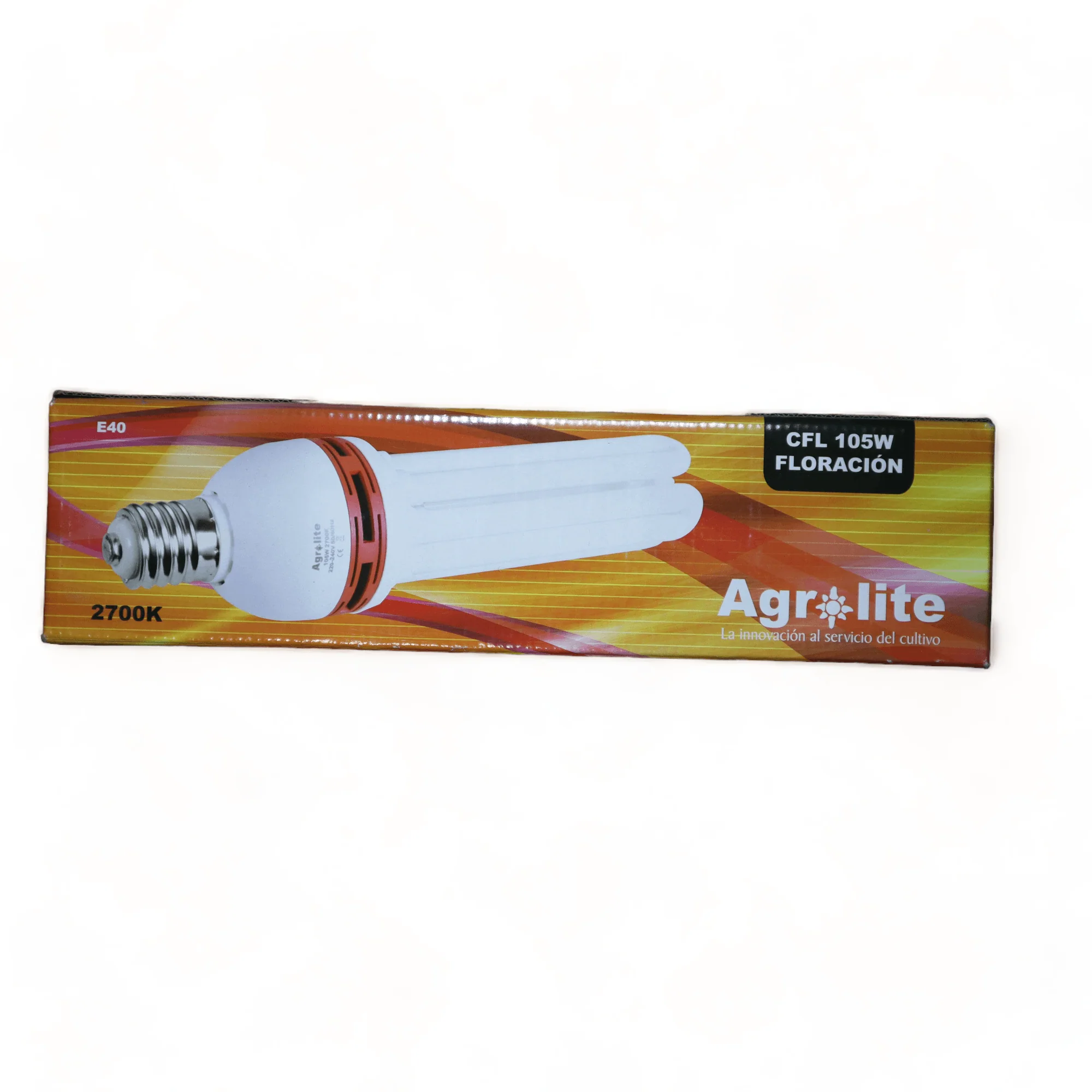 Caja de bombilla CFL Agrolite de floración con una bombilla ilustrada y las indicaciones 105 W, 2700 K y casquillo E40.