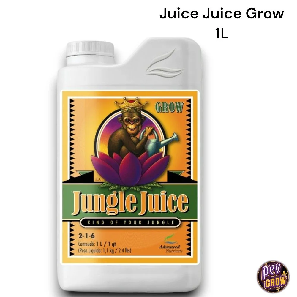 Envase blanco de Jungle Juice Grow Advanced Nutrients de 1 L, con etiqueta amarilla y verde y un mono coronado.