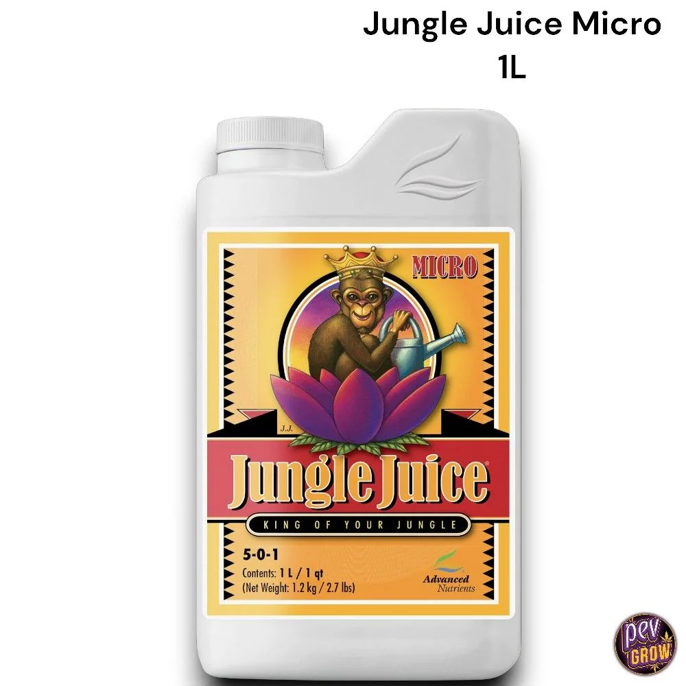 Envase blanco de Jungle Juice Micro de Advanced Nutrients, de 1 L, con etiqueta amarilla y roja, un mono coronado y fórmula 5-0-1.
