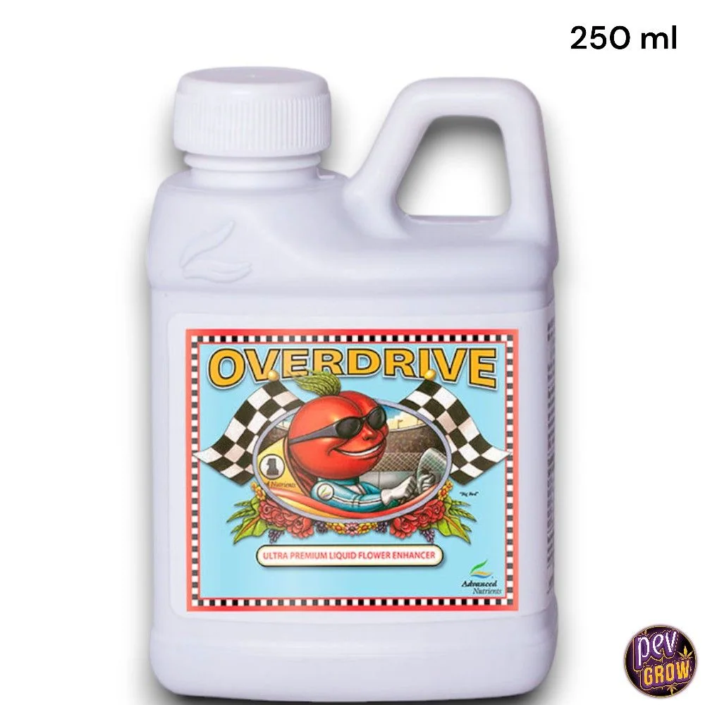 Envase de Overdrive de Advanced Nutrients con asa, tapón blanco y etiqueta con un tomate con gafas de sol y banderas a cuadros.