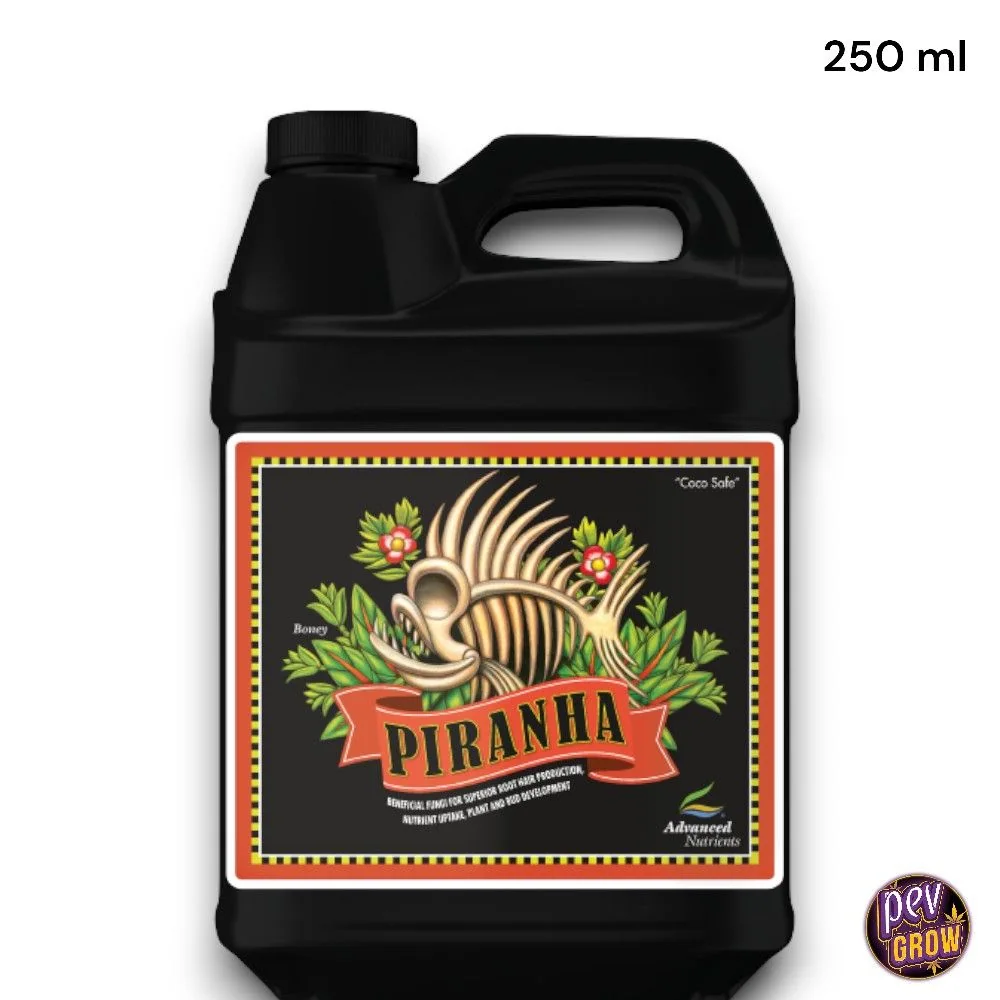 Envase negro de Piranha Advanced Nutrients con asa y etiqueta ilustrada con un esqueleto de pez; texto de 250 ml en la esquina superior.