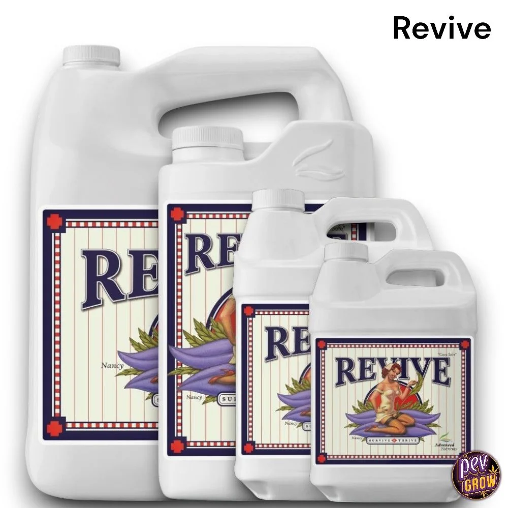 Selección de formatos de Advanced Nutrients Revive en garrafas blancas de distintos tamaños, con asas y etiquetas ilustradas.