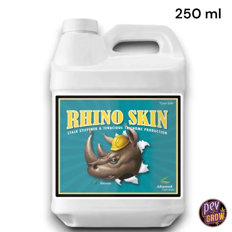 Envase blanco de Rhino Skin de Advanced Nutrients, con asa, tapón y etiqueta turquesa con un rinoceronte con casco; figura 250 ml.