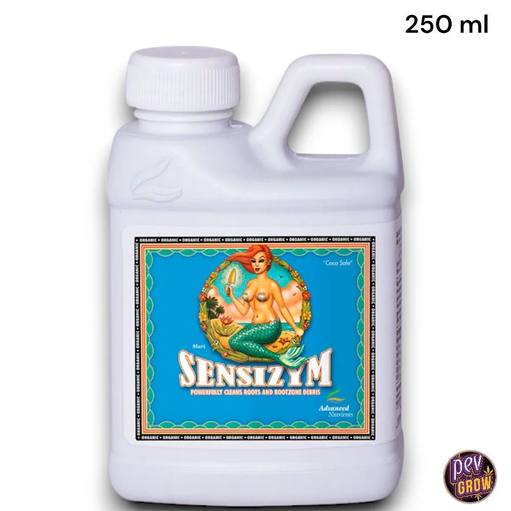 Envase blanco de SensiZym Advanced Nutrients con asa integrada, tapón estriado y etiqueta azul con una sirena ilustrada.