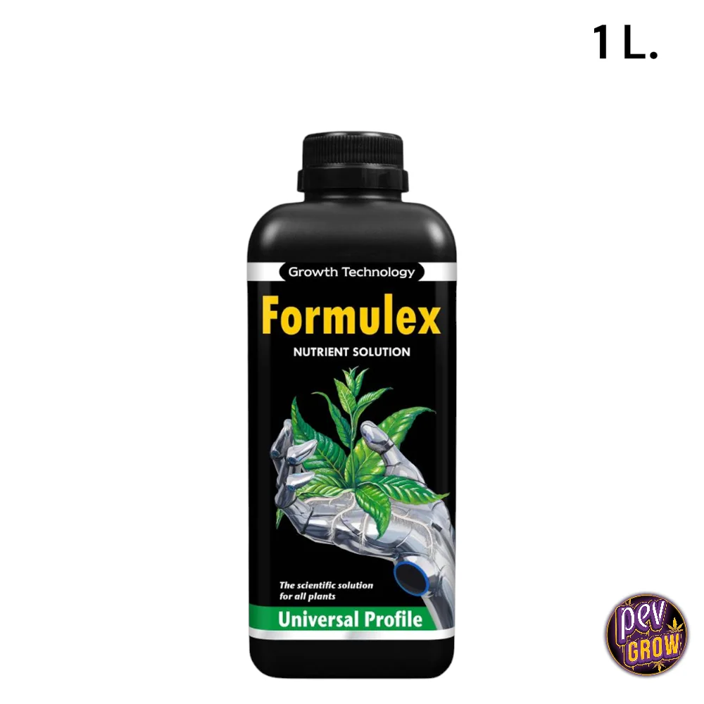 Botella negra de Formulex Growth Technology con tapón de rosca y etiqueta ilustrada con una planta; indicación de 1 L.