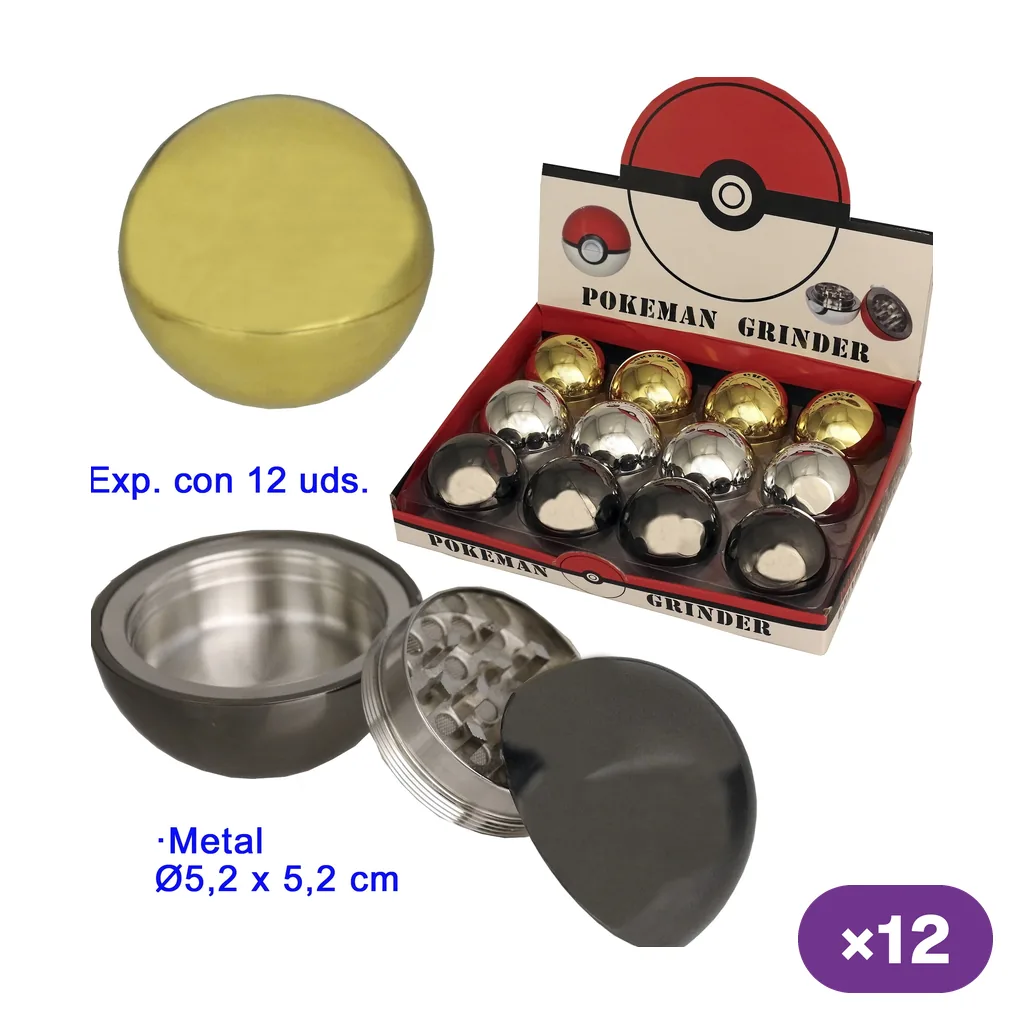 Grinders de metal esféricos en acabados dorado y plateado, con expositor y una unidad abierta que muestra los dientes interiores.
