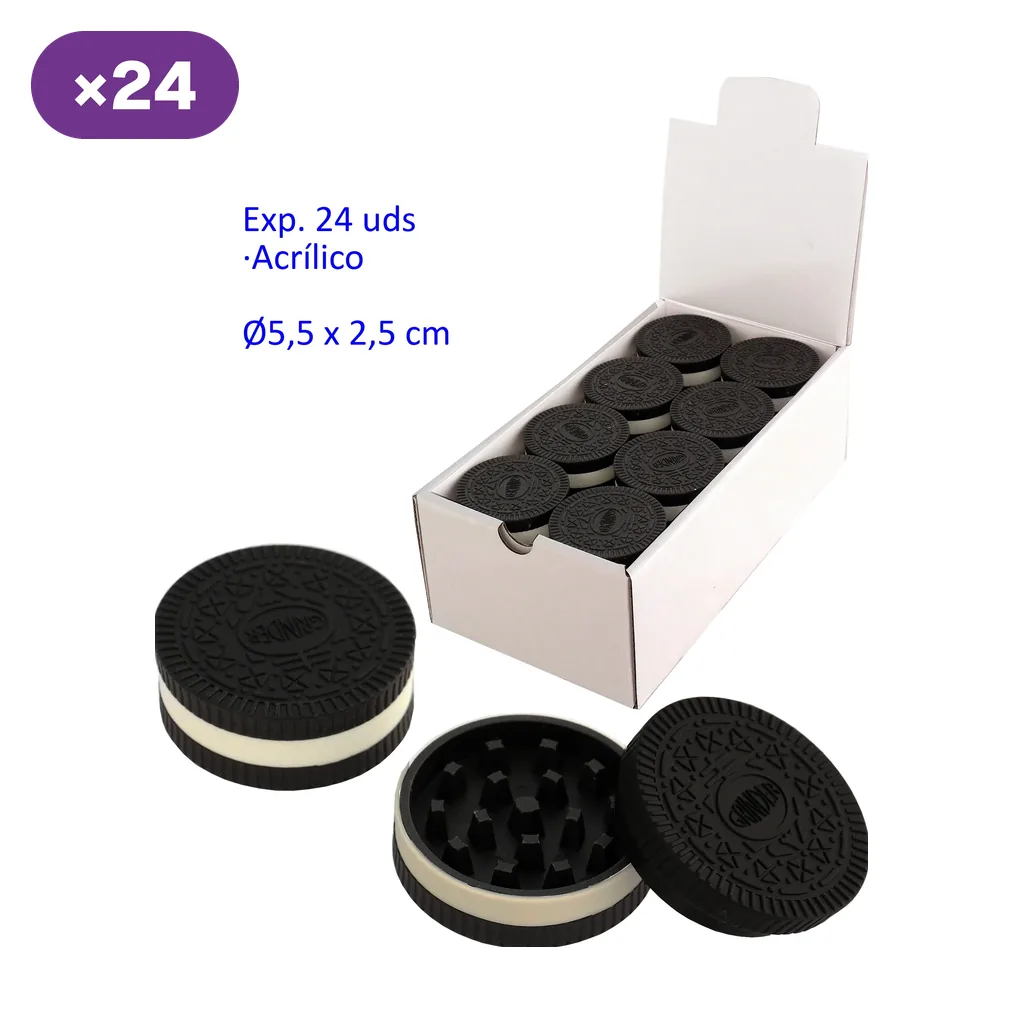 Expositor de grinders con forma de galleta negra y franja clara, con una unidad abierta que muestra los dientes interiores.