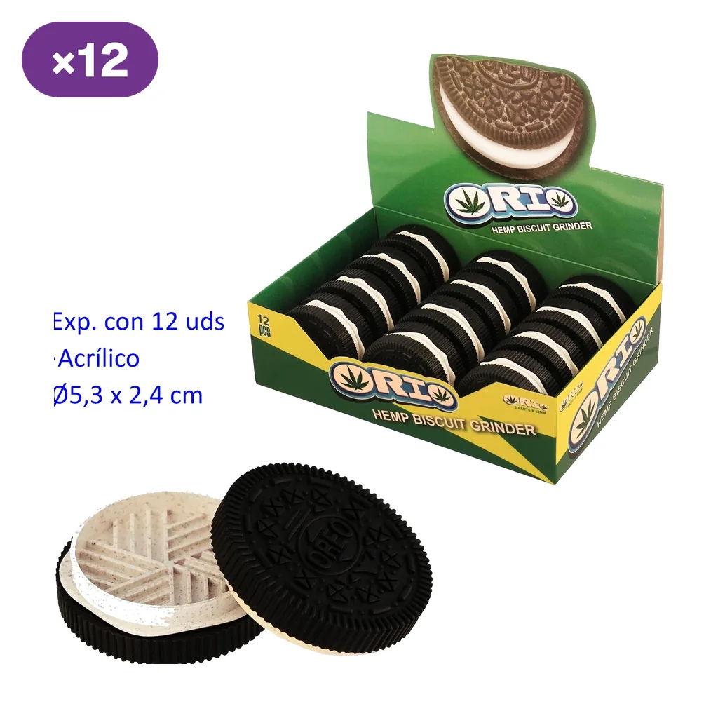 Expositor de 12 grinders Orio con forma de galleta negra y relleno blanco, con una unidad abierta en primer plano.