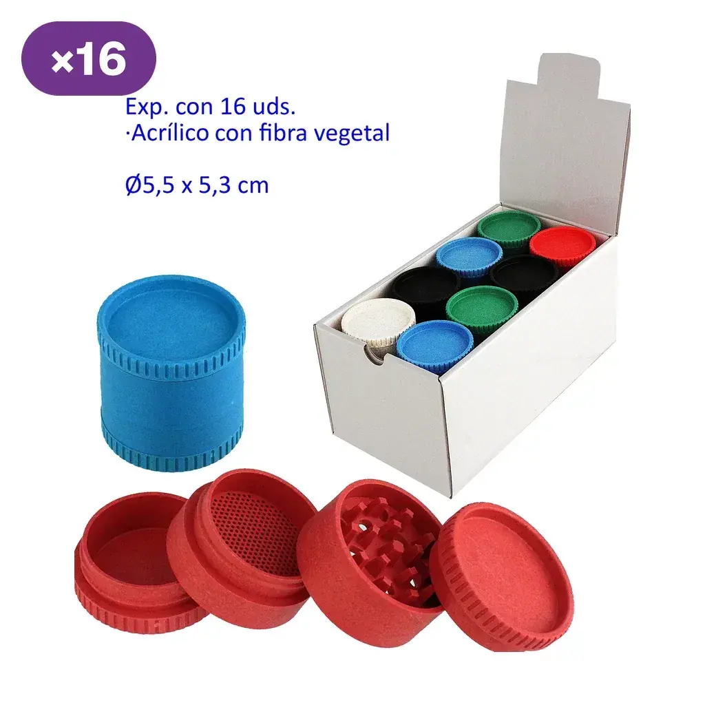 Grinders de varios colores en caja expositora marcada con 16 unidades, con un modelo azul cerrado y otro rojo desmontado en primer plano.