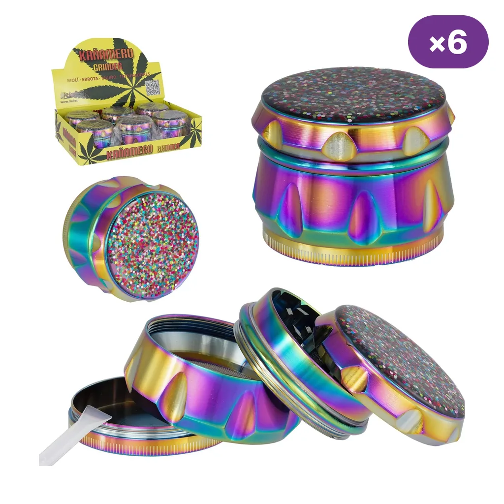 Grinder Rainbow multicolor con tapa de motas brillantes, mostrado cerrado y desmontado, junto a una caja expositora y el distintivo ×6.