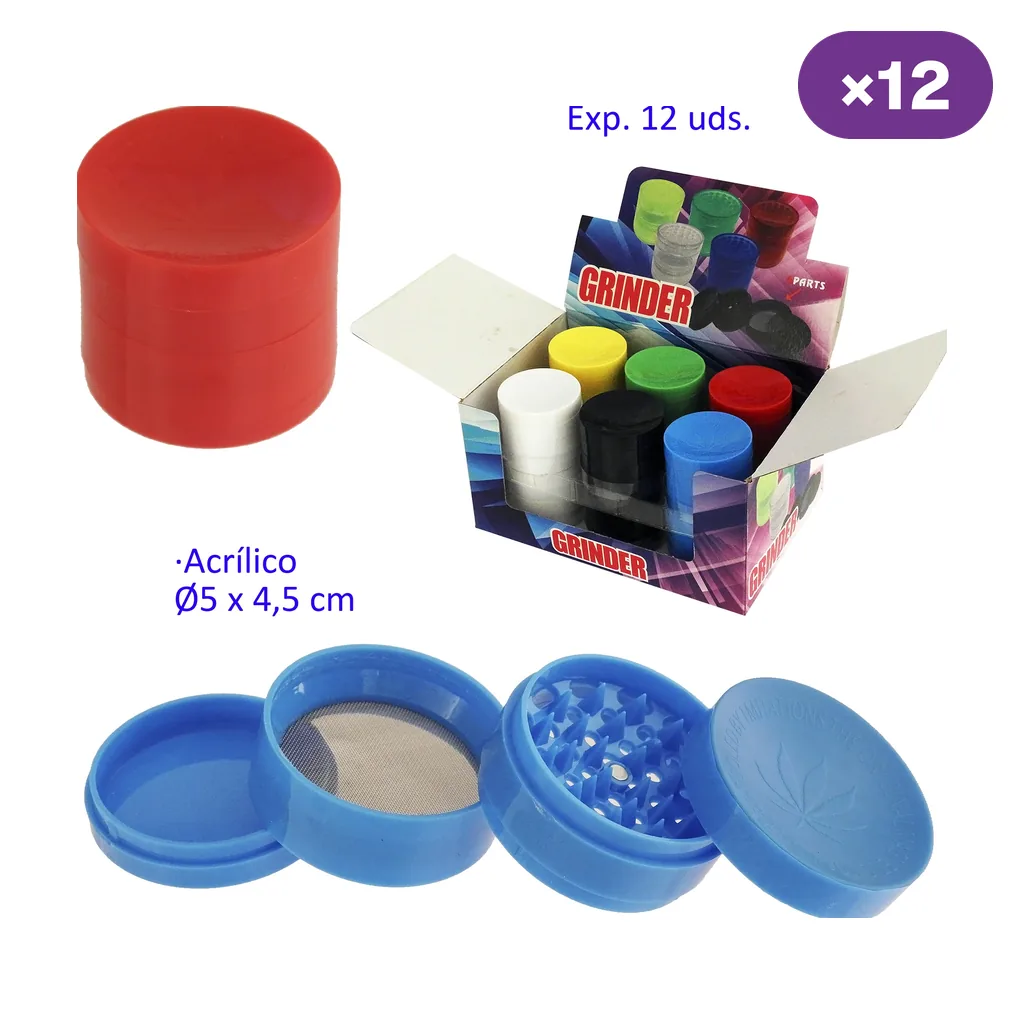 Grinder rojo cerrado, modelo azul desmontado con dientes y malla, y expositor de grinders de varios colores marcado con 12 unidades.
