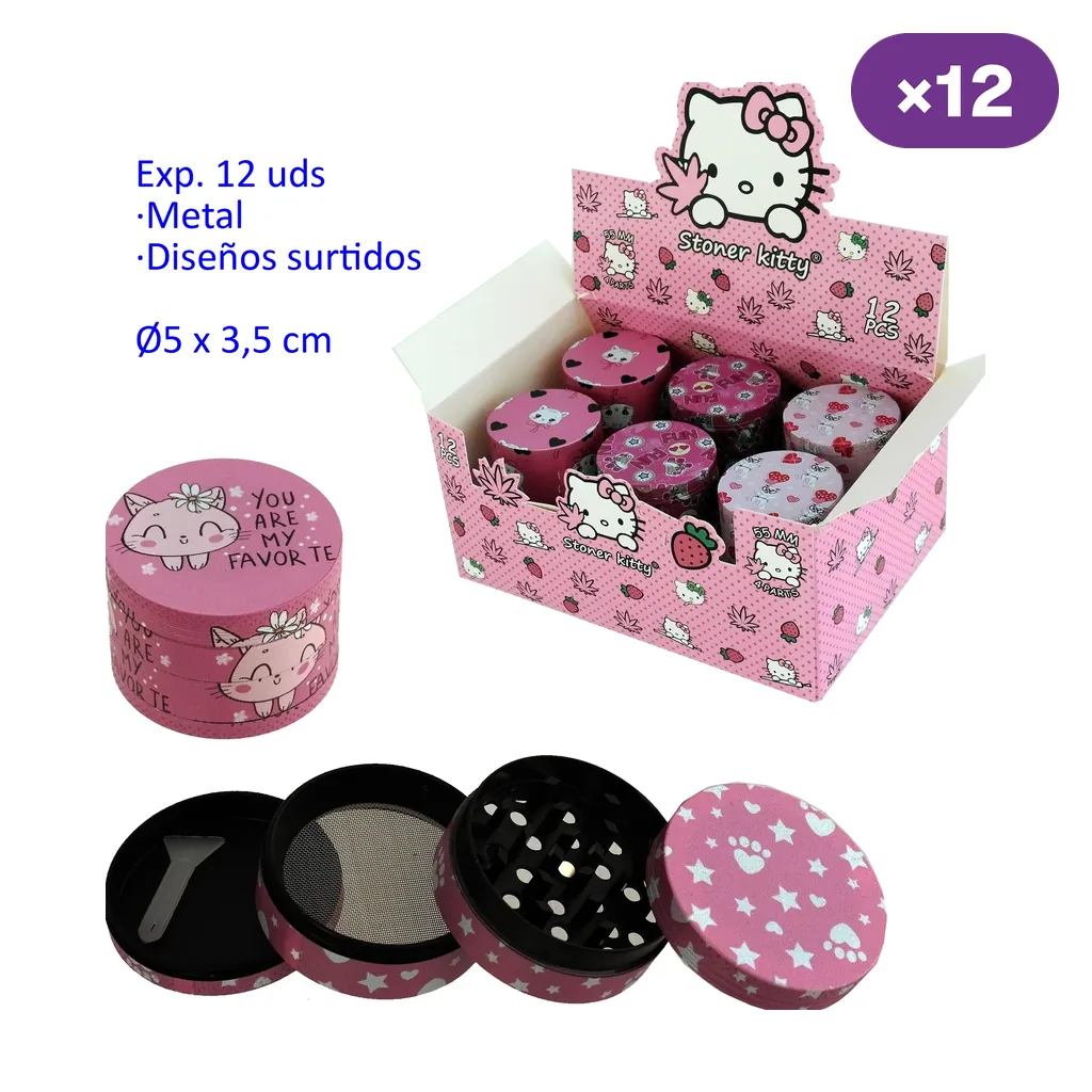 Grinders rosas con dibujos de gatos en una caja expositora y un modelo desmontado que muestra dientes, malla y raspador.