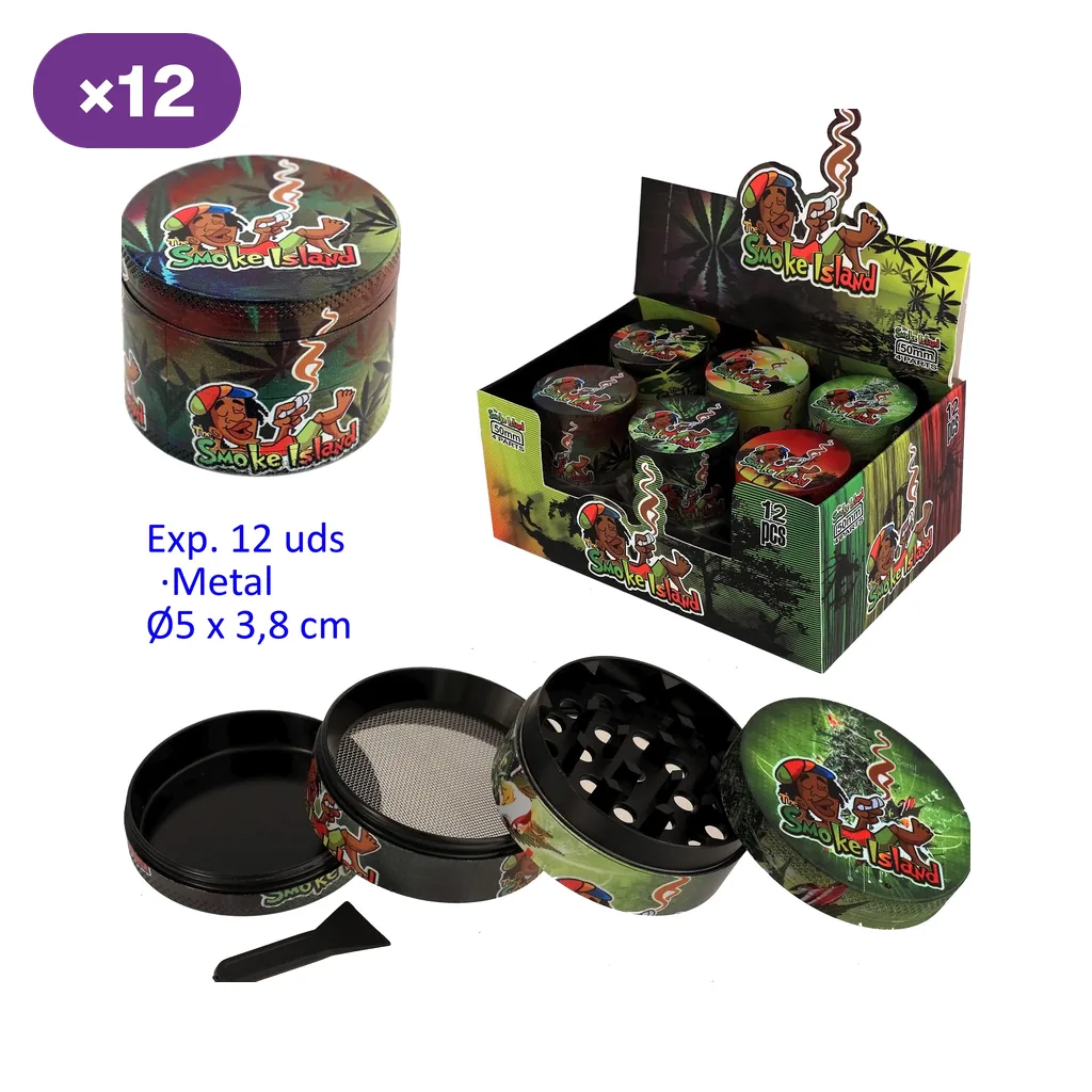 Grinders Smoke Island con diseños de colores, un expositor y una unidad desmontada que muestra dientes, malla, depósito y espátula.