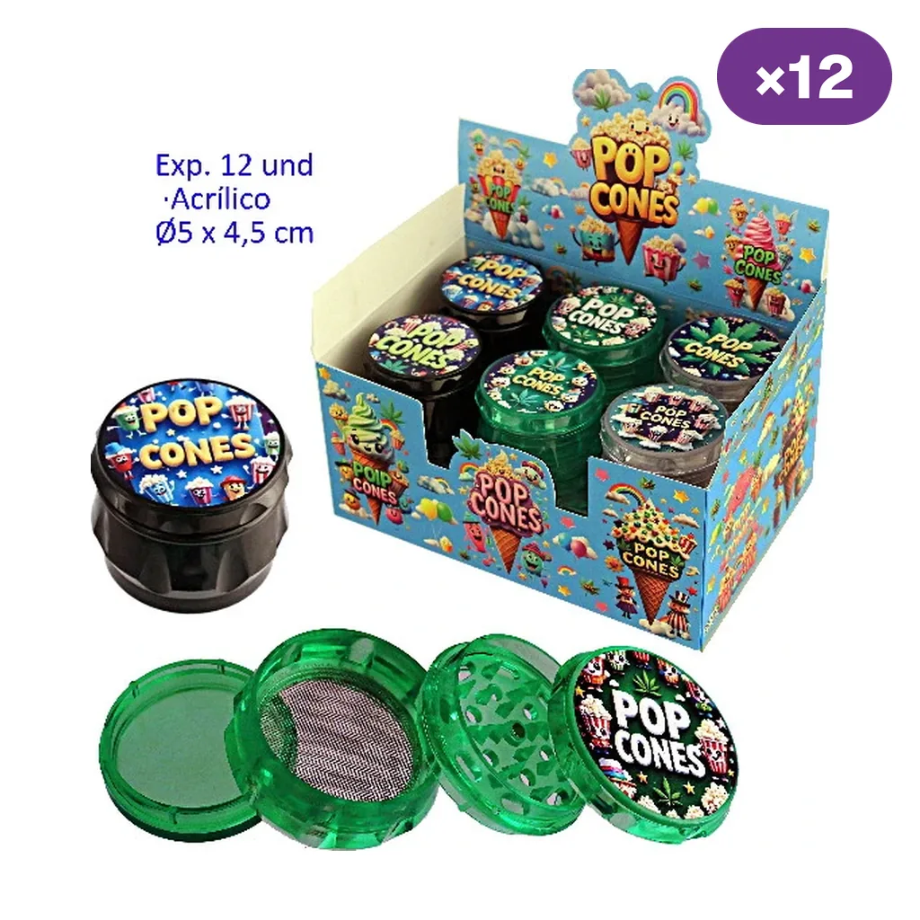 Expositor de grinders Pop Cones de varios colores y diseños, con un modelo verde desmontado que muestra dientes y malla.