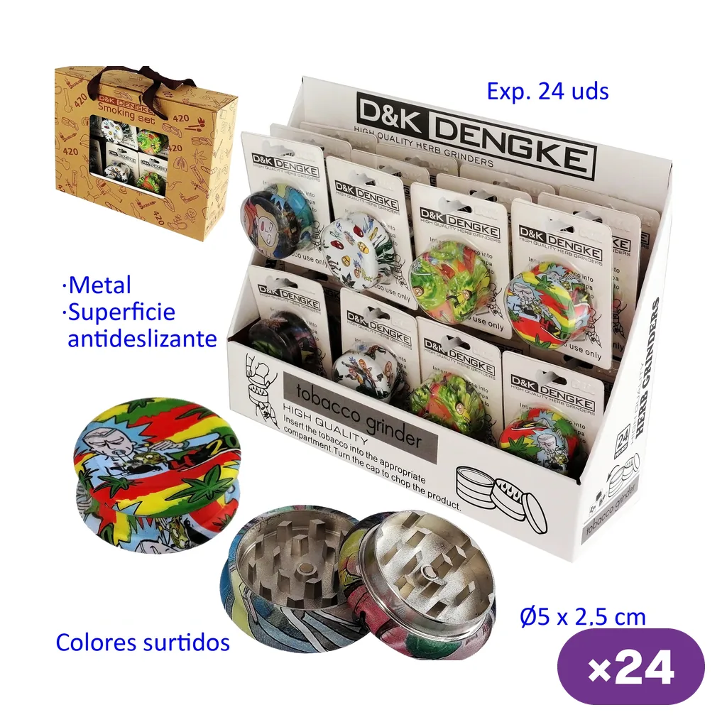 Expositor de grinders de dos partes con distintos estampados multicolor y una unidad abierta que muestra los dientes; indicador ×24.