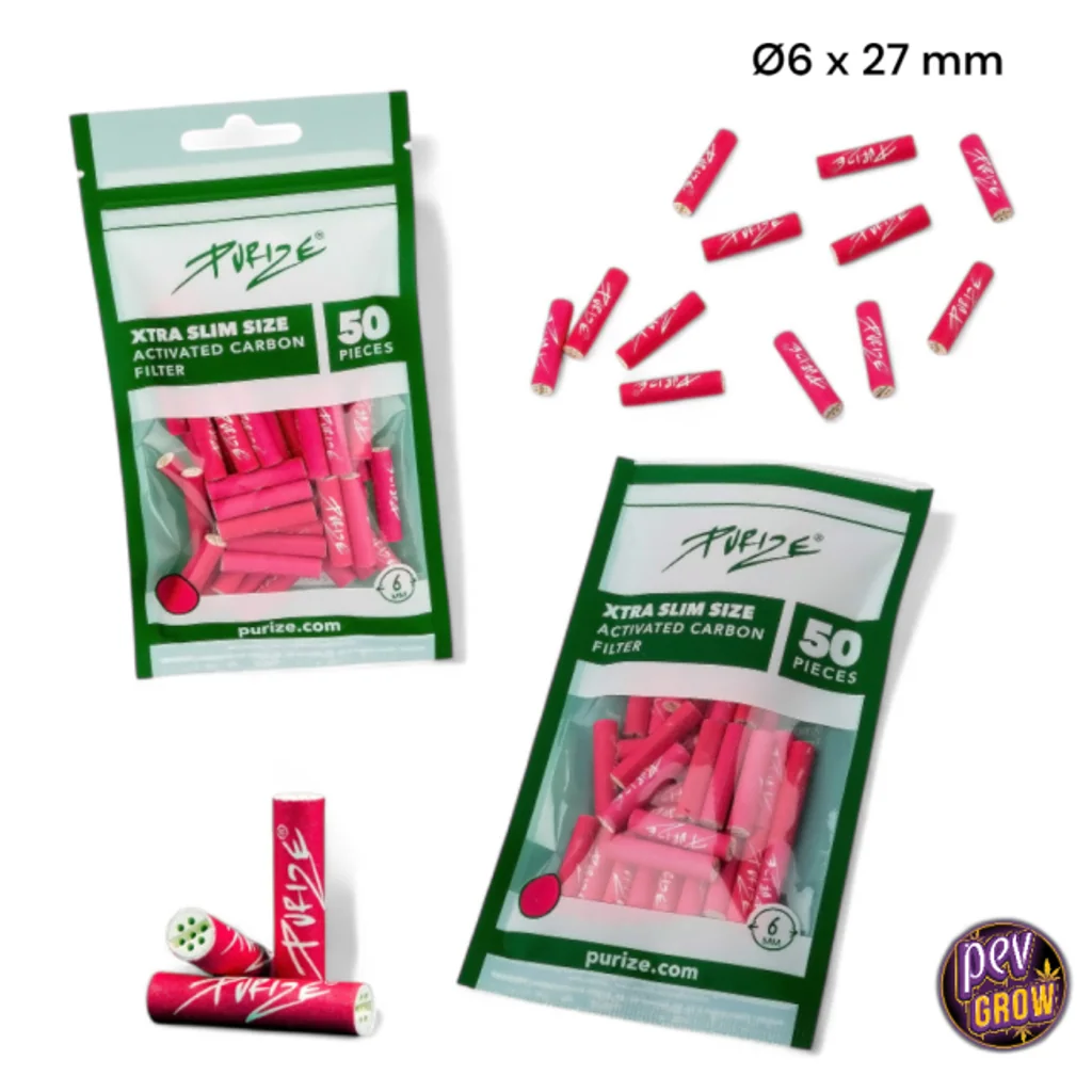 Filtros Purize Xtra Slim rosas, sueltos y en bolsas verdes y blancas con la indicación de 50 unidades, sobre fondo blanco.
