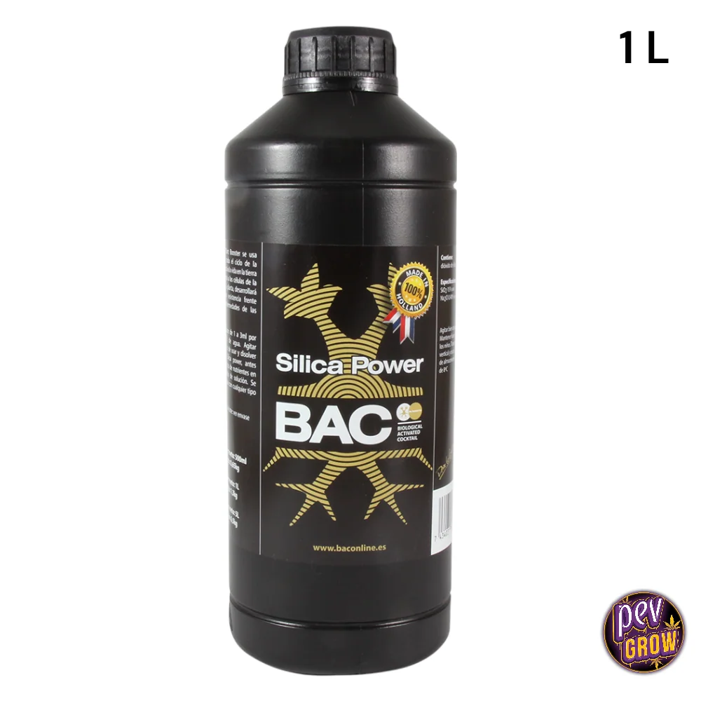 Botella negra de Silica Power de BAC con tapón de rosca y etiqueta negra con motivos dorados, sobre fondo blanco; indica 1 L.