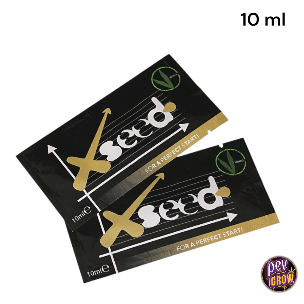 Sobres de X-Seed de BAC superpuestos, con diseño negro y dorado, símbolo vegano e indicación de 10 ml sobre fondo blanco.