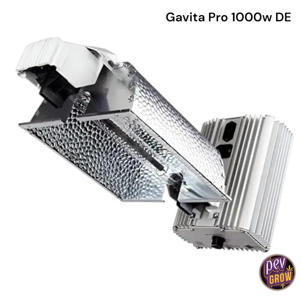 Luminaria Gavita Pro E-Series vista desde abajo, con reflector plateado texturizado y módulo lateral con aletas; texto «1000w DE».