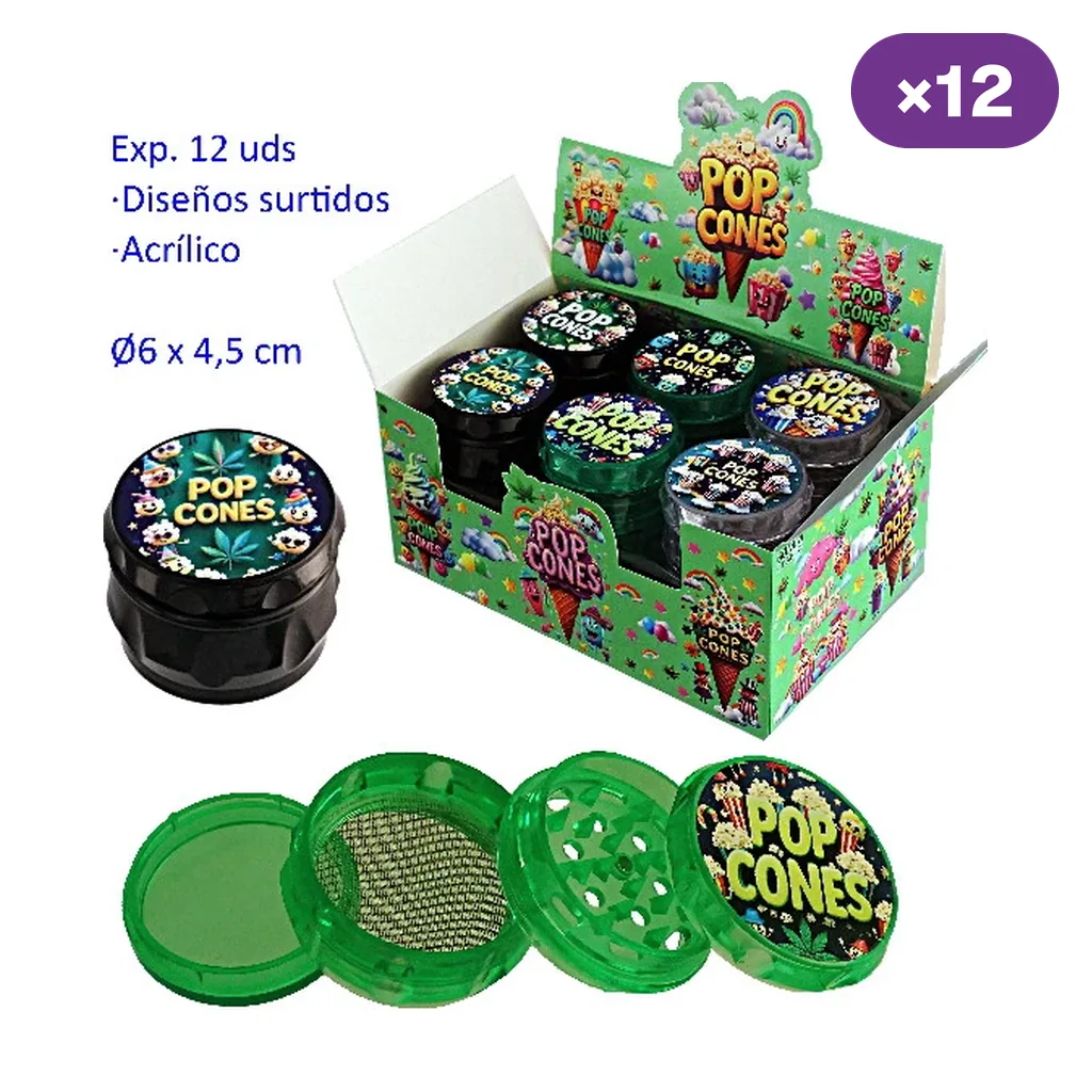 Expositor Pop Cones con grinders de varios colores y diseños, junto a un modelo negro cerrado y otro verde desmontado con malla y dientes.