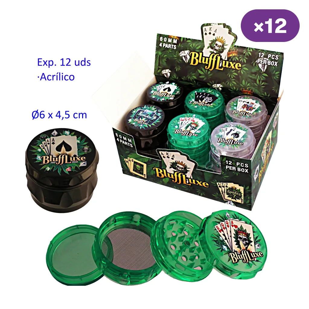 Grinders Bluff Luxe de varios colores en expositor, con motivos de cartas y un modelo verde desmontado que muestra dientes y malla.