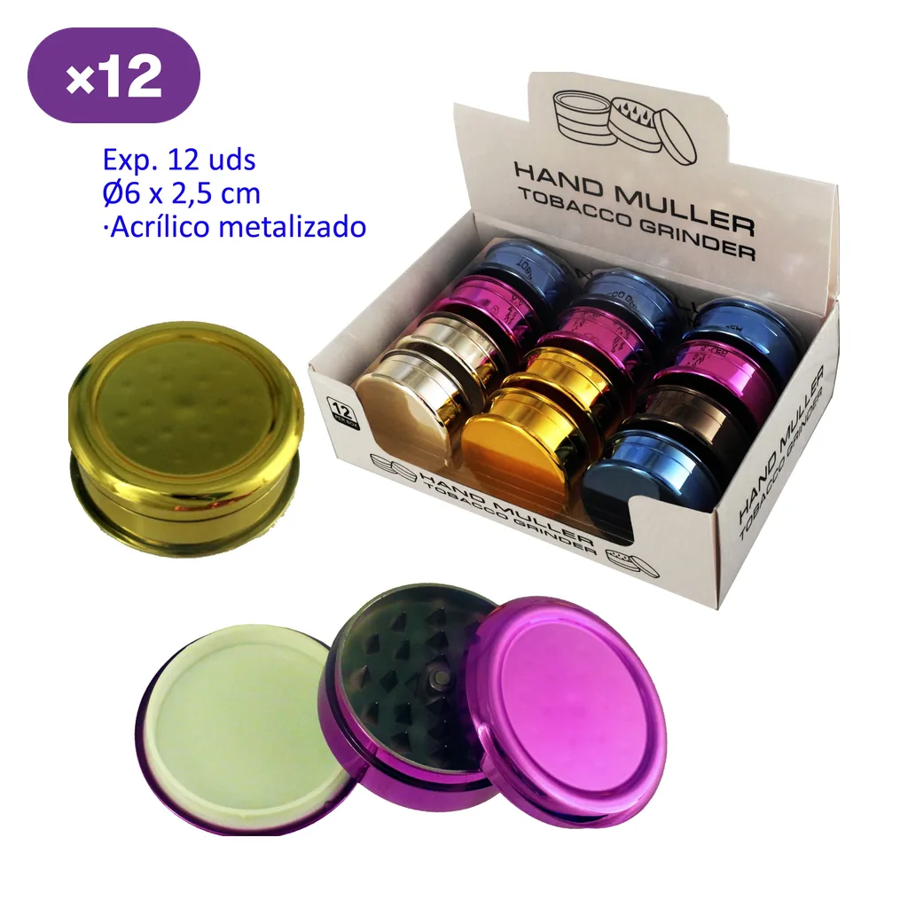 Expositor de 12 grinders Hand Muller con acabado metalizado de varios colores, junto a uno cerrado y otro abierto con dientes visibles.
