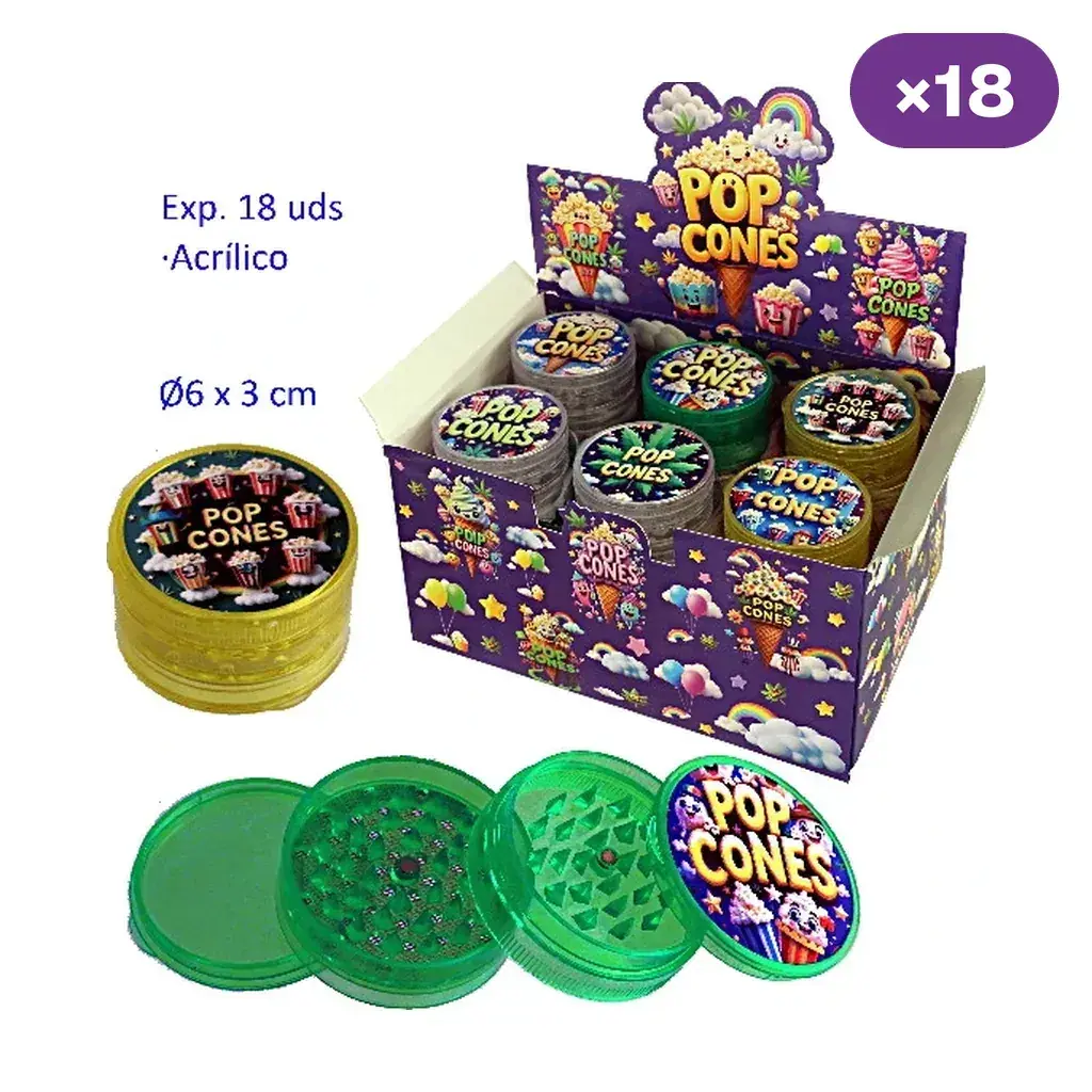 Expositor de 18 grinders Pop Cones de varios colores, con uno amarillo cerrado y uno verde desmontado que muestra dientes y rejilla.