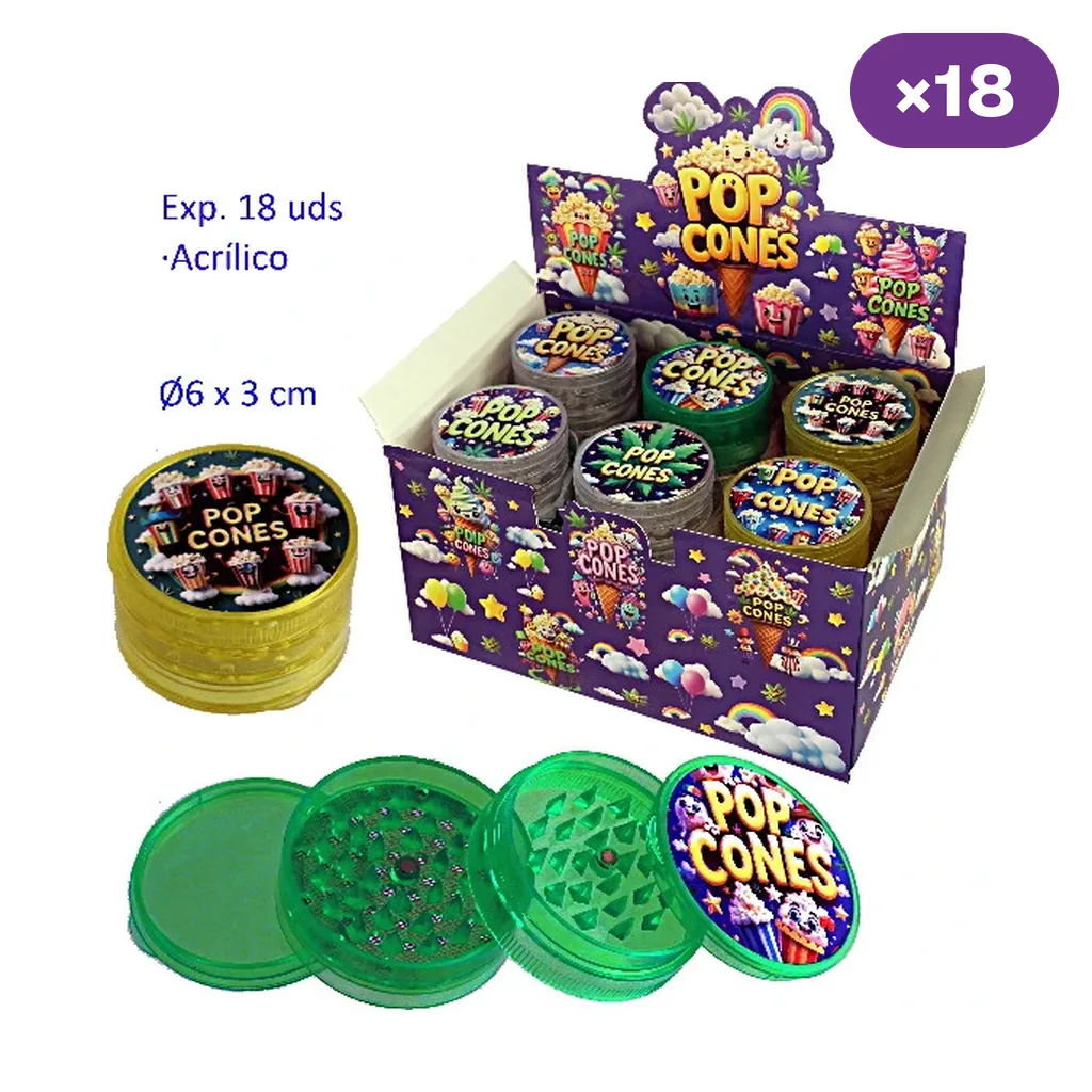 Expositor de 18 grinders Pop Cones de varios colores, con uno amarillo cerrado y uno verde desmontado que muestra dientes y rejilla.
