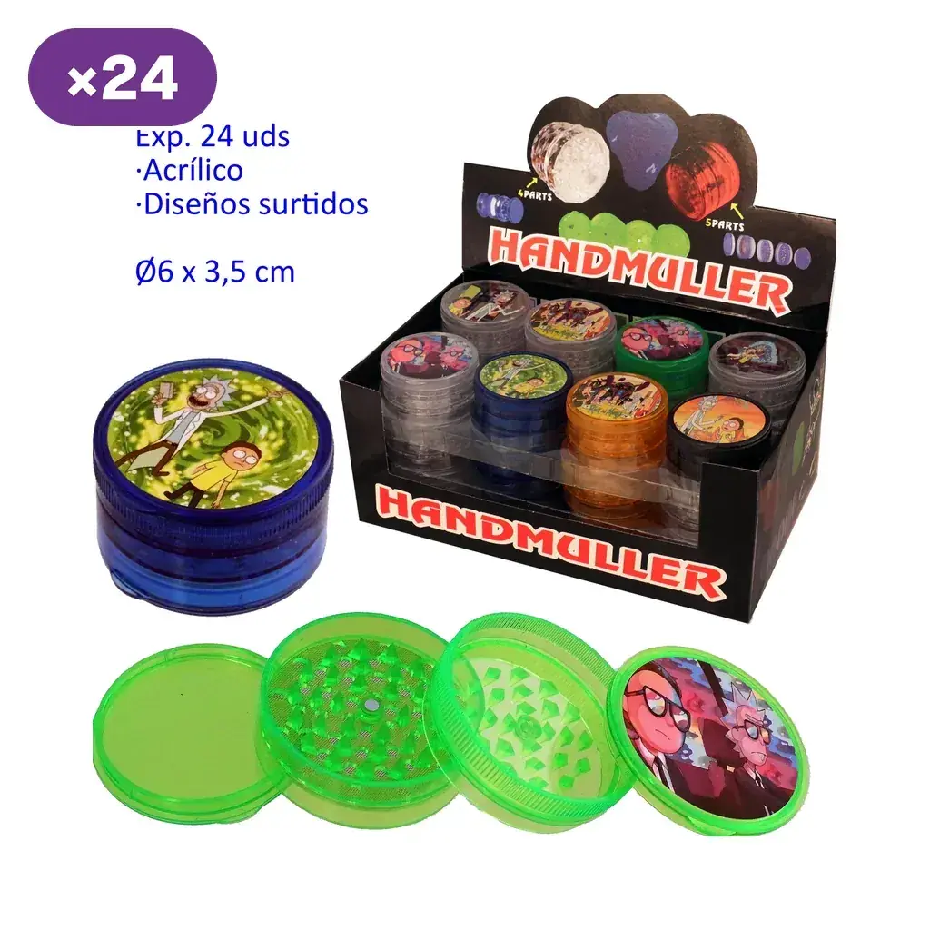 Grinders acrílicos de distintos colores y diseños ilustrados, con un modelo verde desmontado y una caja expositora marcada con 24 unidades.