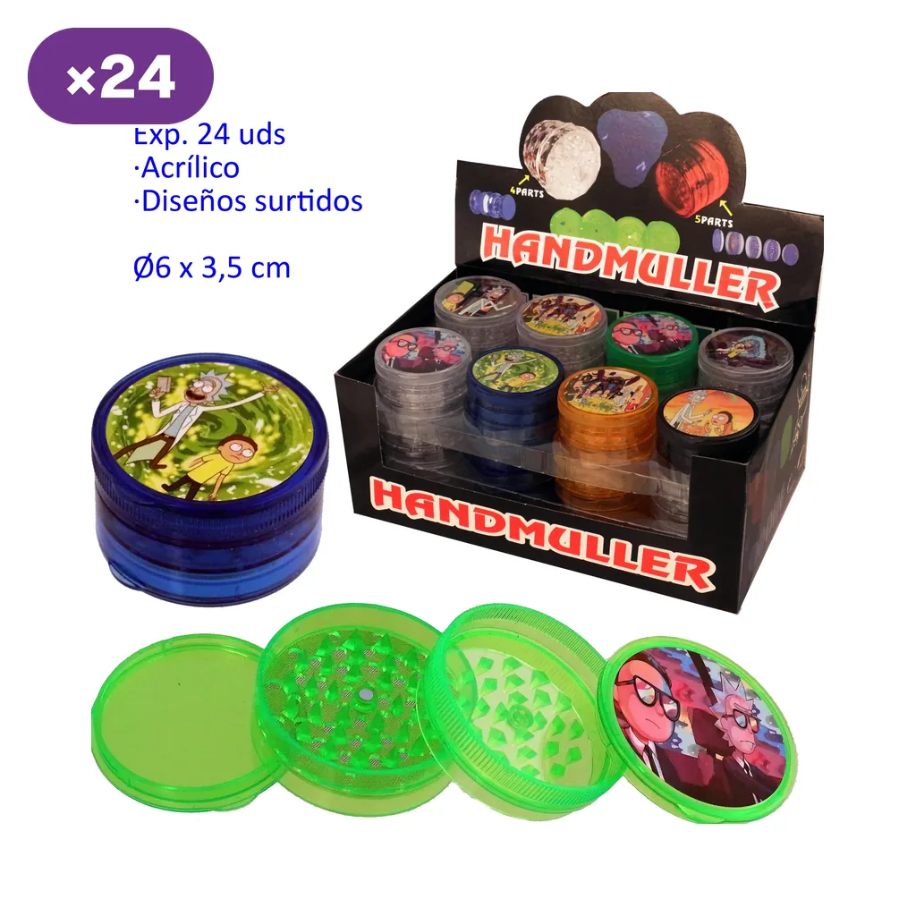 Grinders acrílicos de distintos colores y diseños ilustrados, con un modelo verde desmontado y una caja expositora marcada con 24 unidades.