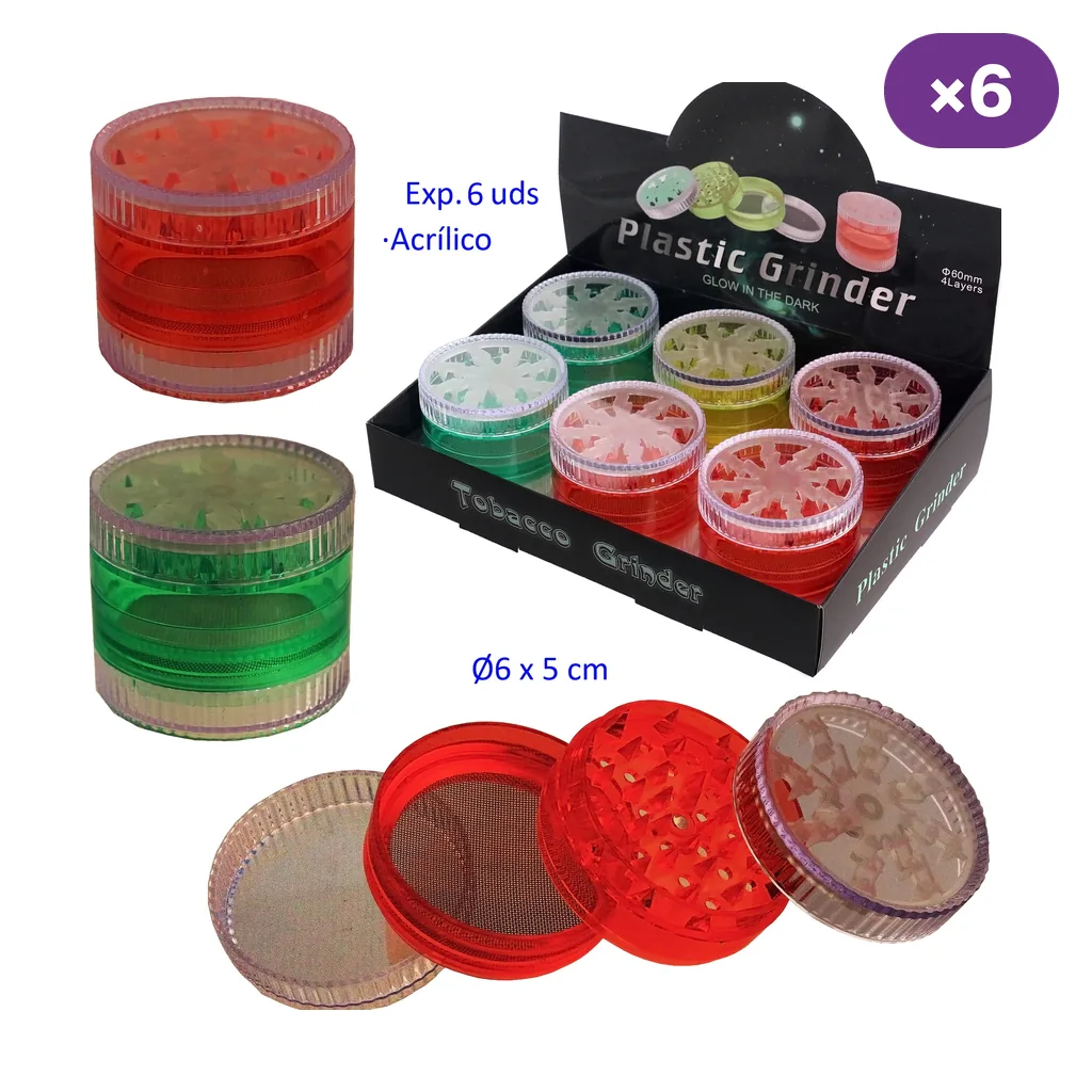 Grinders acrílicos de varios colores en expositor, junto a modelos cerrados y uno rojo desmontado que muestra dientes y malla.