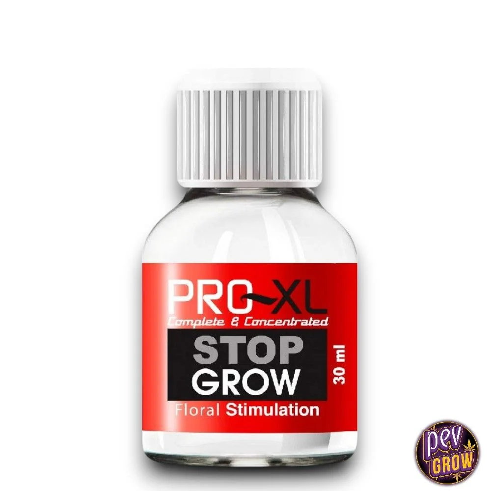 Frasco Stop Grow Pro-XL de 30 ml con tapón blanco estriado y etiqueta roja y negra, sobre fondo blanco con logotipo de Pev Grow.