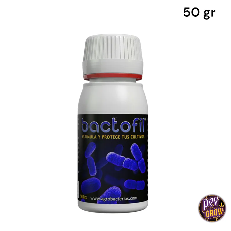 Bote blanco de Bactofil de 50 g, con tapón estriado y etiqueta negra con ilustraciones de bacterias azules, sobre fondo blanco.