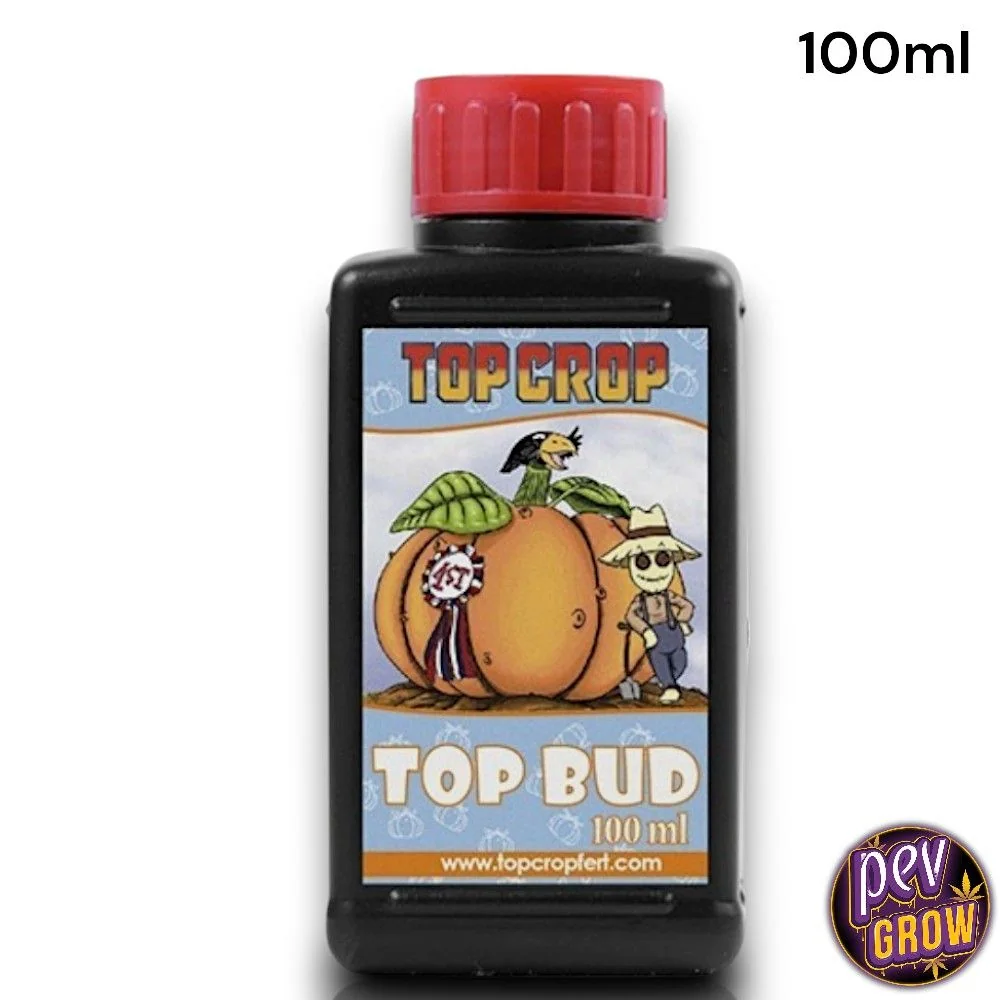 Envase negro de Top Bud Top Crop de 100 ml, con tapón rojo y etiqueta ilustrada con una calabaza, sobre fondo blanco.