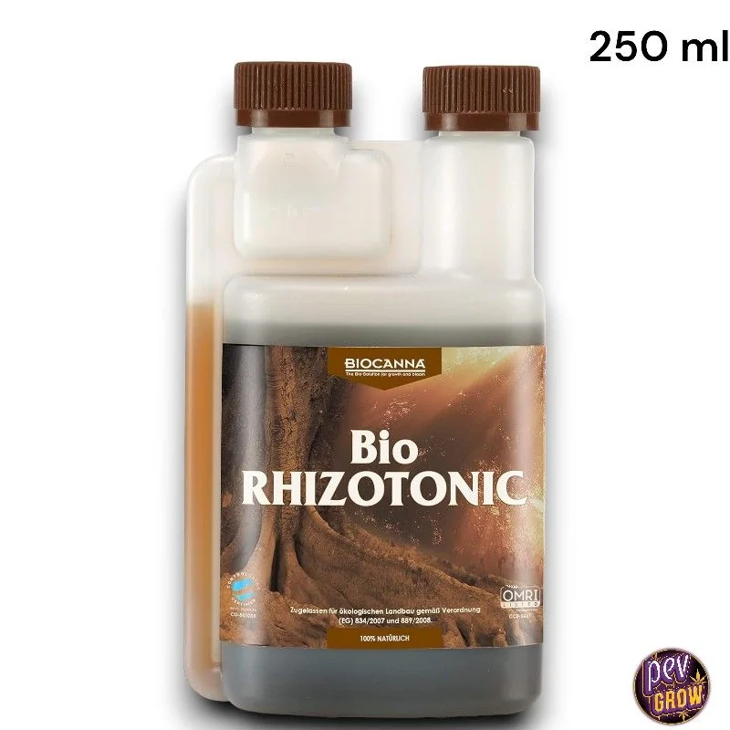 Envase de Bio Rhizotonic de Biocanna con cámara dosificadora, tapones marrones y etiqueta con raíces sobre fondo blanco.