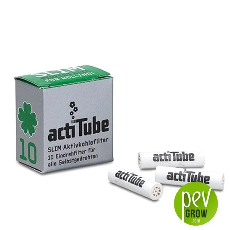 Caja gris y verde ActiTube Slim marcada con 10 unidades, junto a tres filtros blancos con el logotipo y extremos perforados.